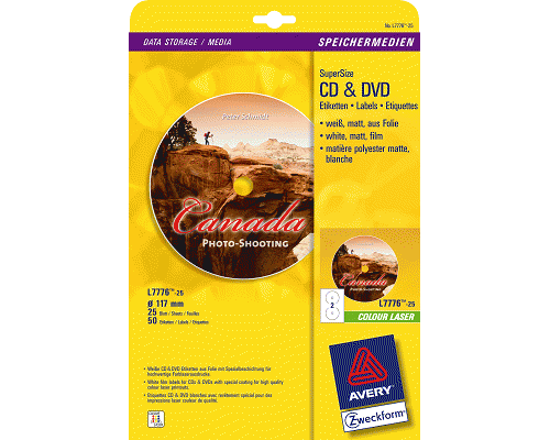 ETICHETTE ADESIVE PER STAMPANTI LASER PER DVD SCATOLAmm 210 mm 117 DIAM. X DVD 50etichette