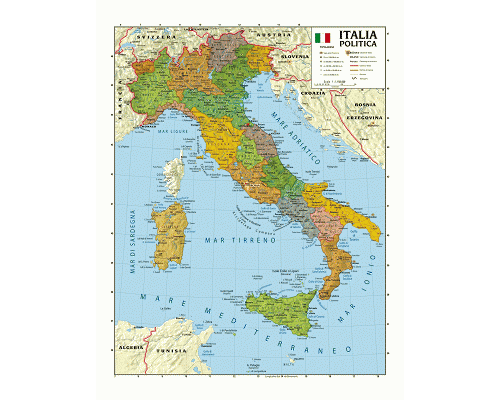 CARTINA GEOGRAFICA FISICA/POLITICA ITALIA CM.100X140